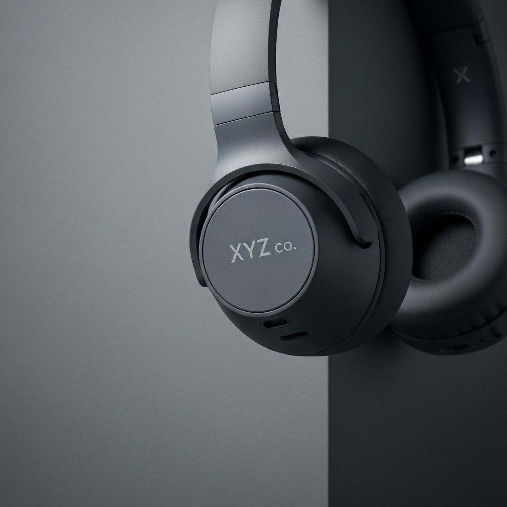 XYZ co. logo on wireless headphones in a tech flat-lay