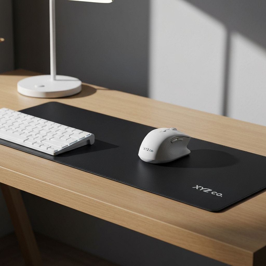 XYZ co. branded wireless mouse on desk setup