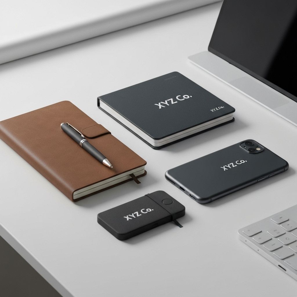 XYZ co. branded notebook with pen and tech accessories