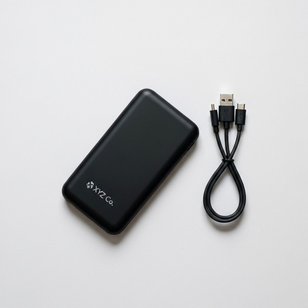 XYZ co. branded power bank with charging cable