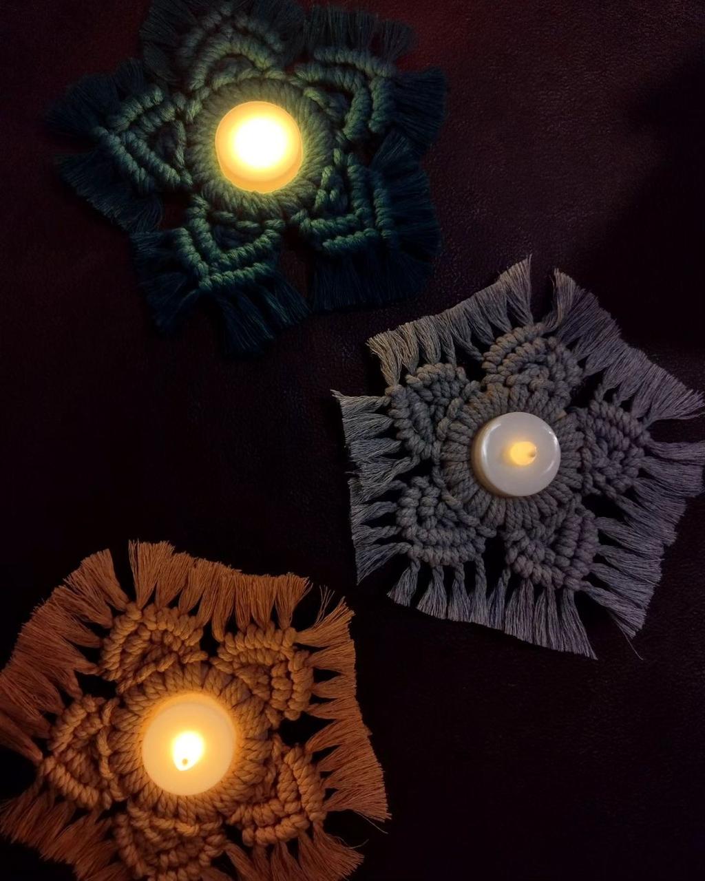 Macramé tea light coasters set in teal, grey and mustard
