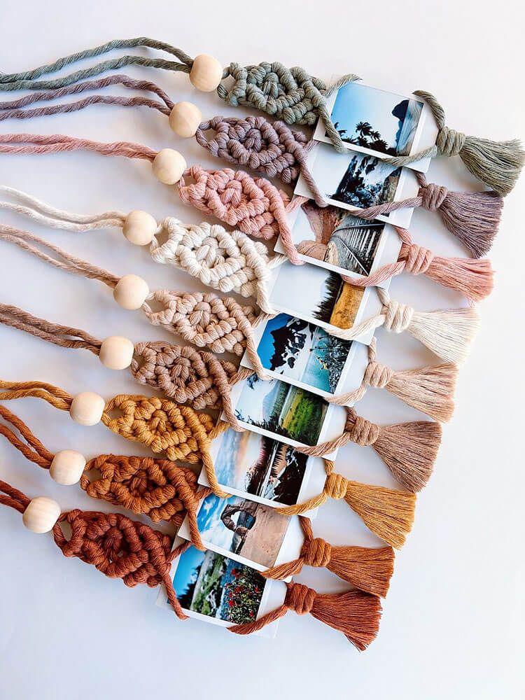 Macramé photo holders with tassels and wooden beads