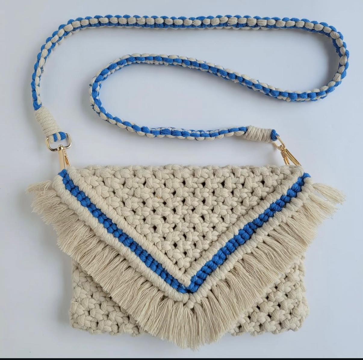 Beige macramé purse with blue braided trim and strap
