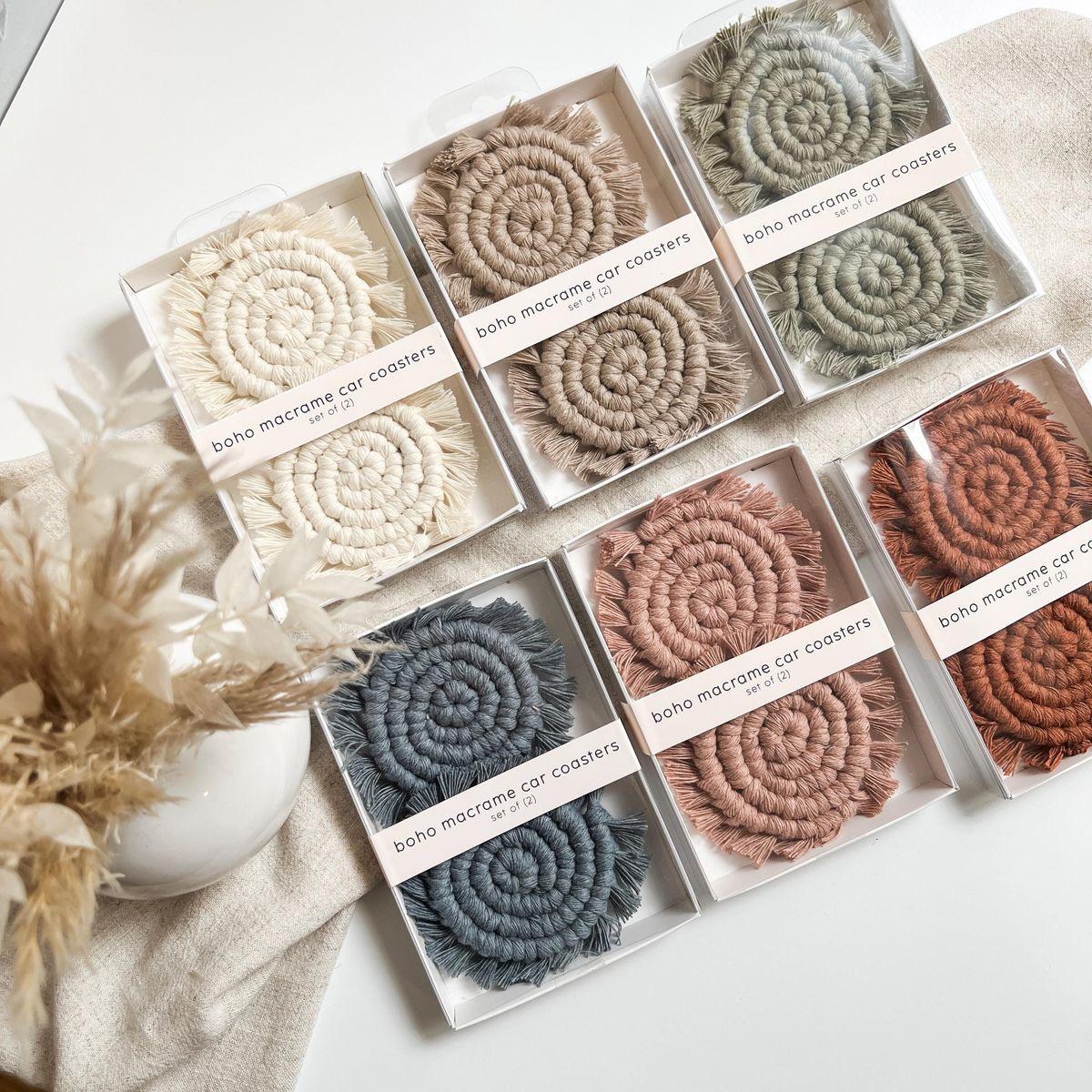 Boxed spiral macramé coasters in neutral and warm palettes